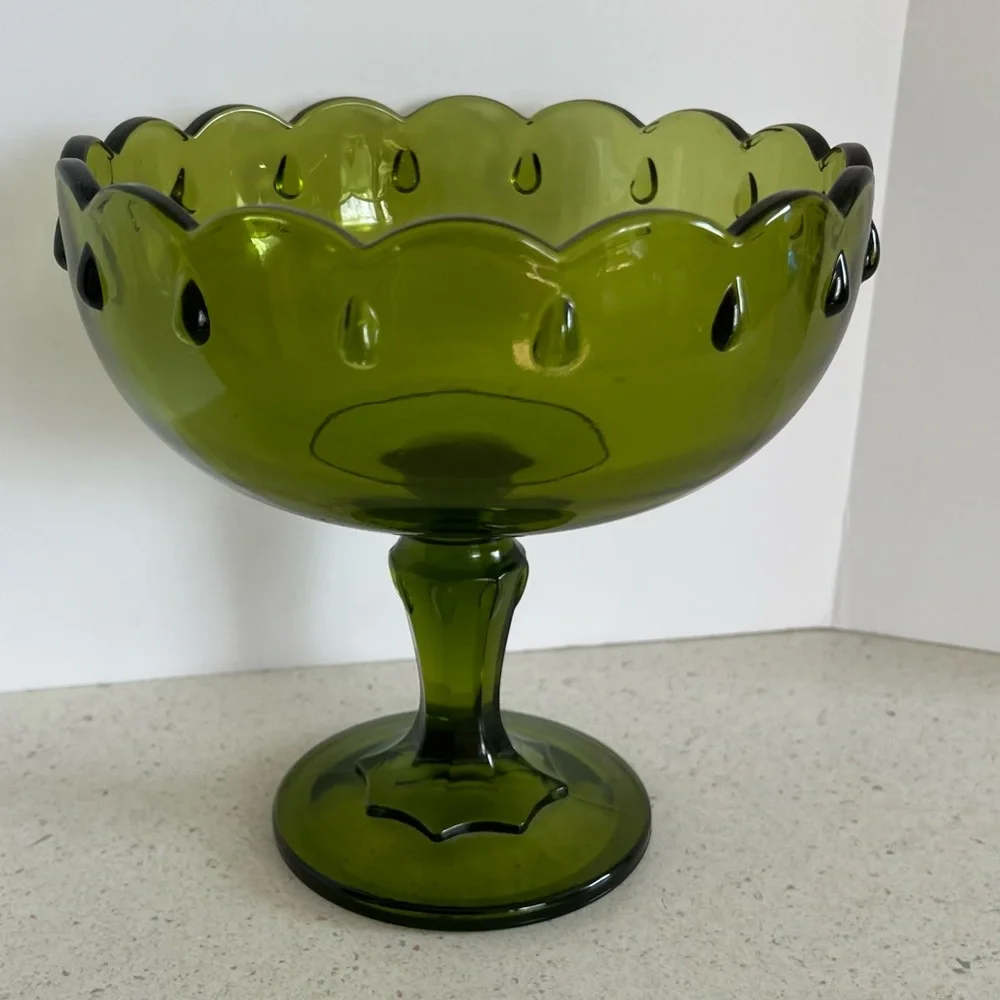 Vintage Pedestal Olive Green Indiana Glass Compote Candy Dish Bowl 7.5” X 7.5”